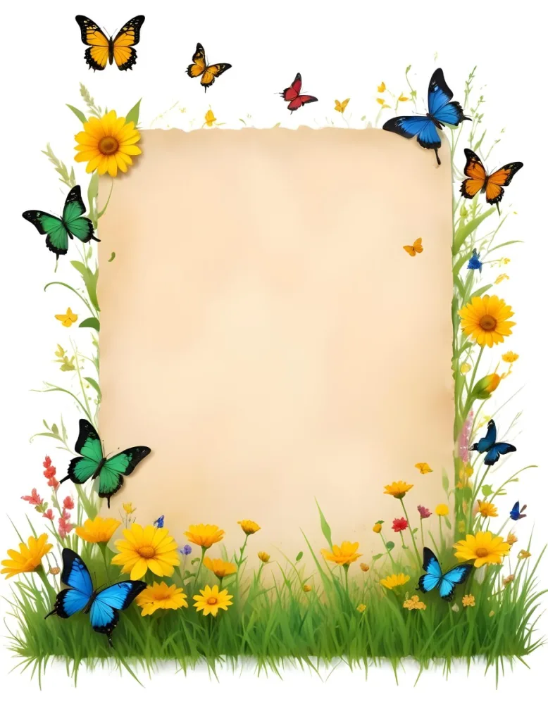 Digital Painting A Blank Parchment Paper Surrounded By Yellow Flowers Green Grass And Colorful Butterflies On A Colorful Background Creating A Vibrant And Natural Frame Bold And Slim Lines Brush Strokes 6 882f