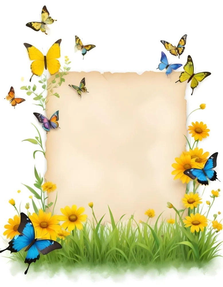 Digital Painting A Blank Parchment Paper Surrounded By Yellow Flowers Green Grass And Colorful Butterflies On A Colorful Background Creating A Vibrant And Natural Frame Bold And Slim Lines Brush Strokes 7 Bb27