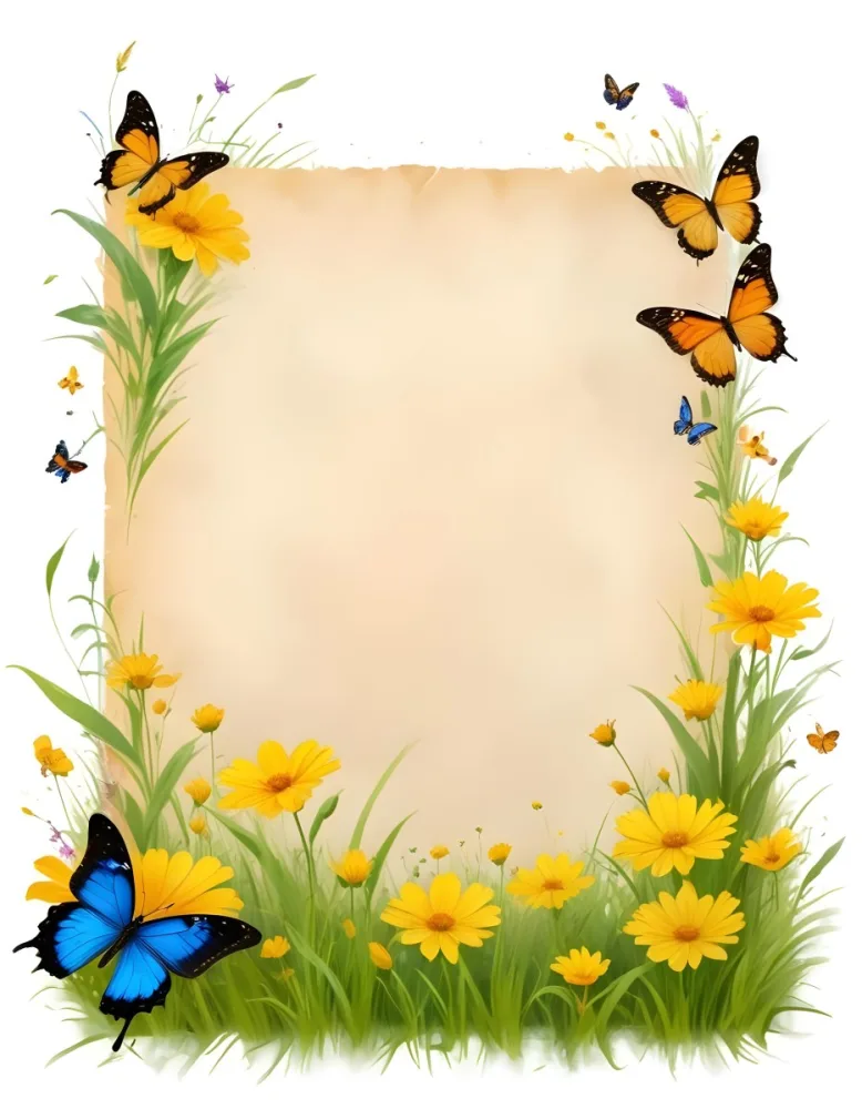 Digital Painting A Blank Parchment Paper Surrounded By Yellow Flowers Green Grass And Colorful Butterflies On A Colorful Background Creating A Vibrant And Natural Frame Bold And Slim Lines Brush Strokes 8 C4f5