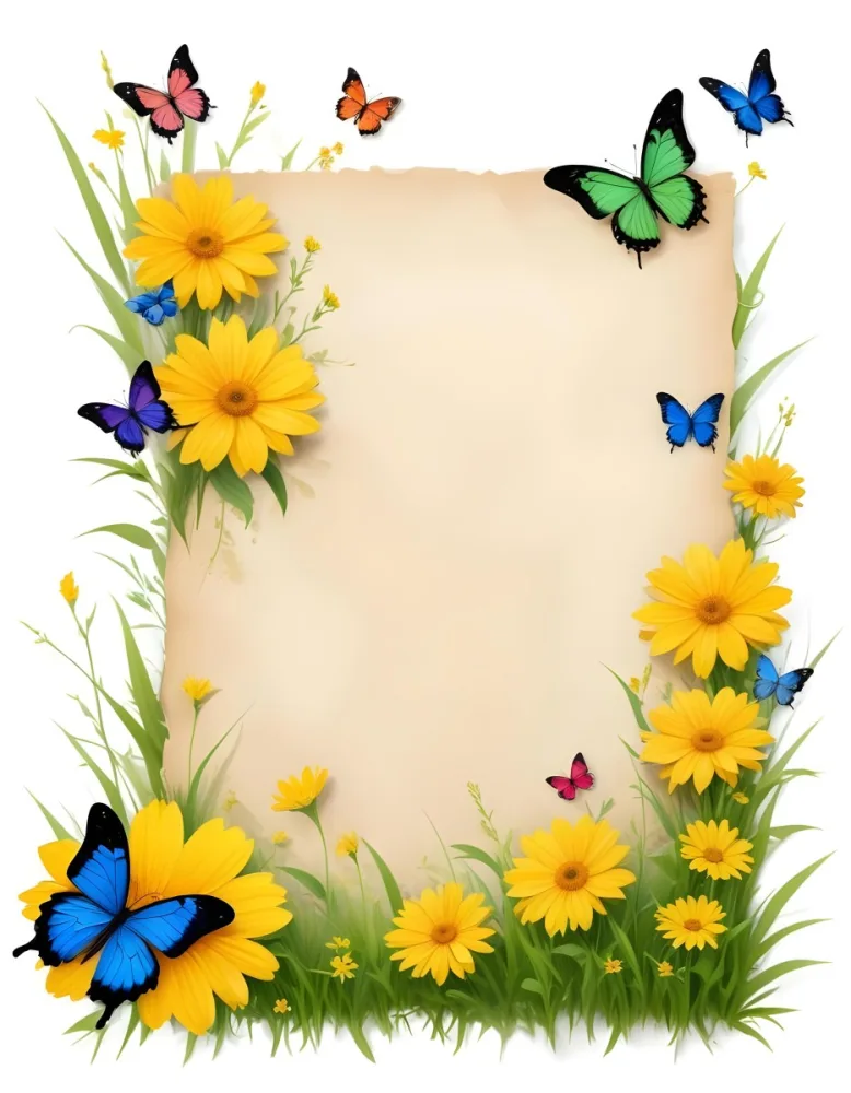 Digital Painting A Blank Parchment Paper Surrounded By Yellow Flowers Green Grass And Colorful Butterflies On A Colorful Background Creating A Vibrant And Natural Frame Bold And Slim Lines Brush Strokes 9 0fb4