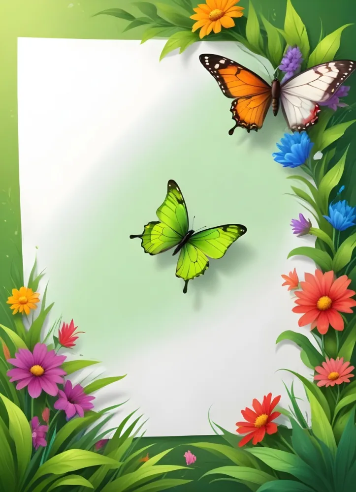 Digital Painting A Blank White Paper With A Curled Corner Surrounded By Green Leaves Grass And Colorful Flowers With A Butterfly At The Bottom Against A Bright Green Background Bold And Slim Lines Brush Stroke 18 15e8