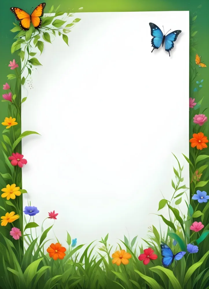 Digital Painting A Blank White Paper With A Curled Corner Surrounded By Green Leaves Grass And Colorful Flowers With A Butterfly At The Bottom Against A Bright Green Background Bold And Slim Lines Brush Stroke 21 7766