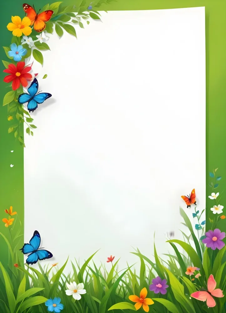 Digital Painting A Blank White Paper With A Curled Corner Surrounded By Green Leaves Grass And Colorful Flowers With A Butterfly At The Bottom Against A Bright Green Background Bold And Slim Lines Brush Stroke 26 B0ba