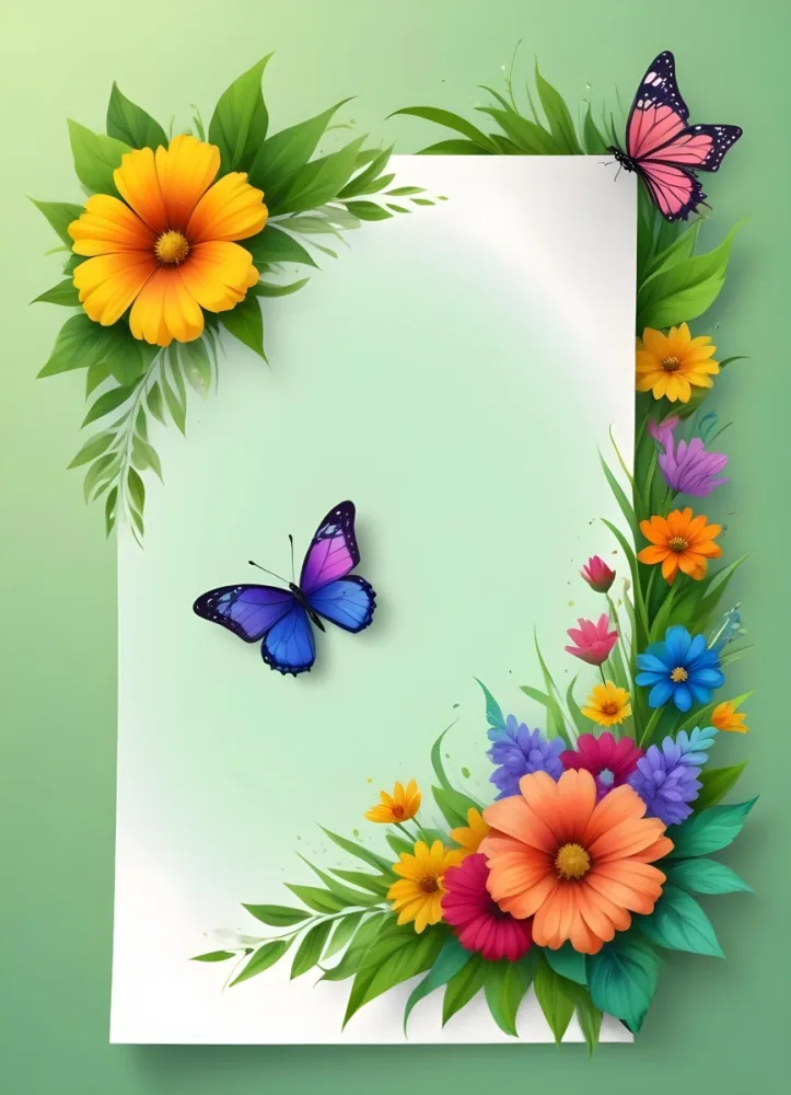 Digital Painting A Blank White Paper With A Curled Corner Surrounded By Green Leaves Grass And Colorful Flowers With A Butterfly At The Bottom Against A Bright Green Background Bold And Slim Lines Brush Stroke 36 2773