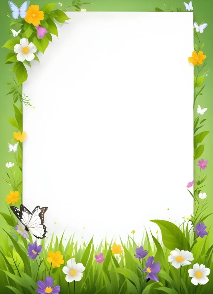 Digital Painting A Blank White Paper With A Curled Corner Surrounded By Green Leaves Grass And Colorful Flowers With A Butterfly At The Bottom Against A Bright Green Background Bold And Slim Lines Brush Stroke 4 11a3