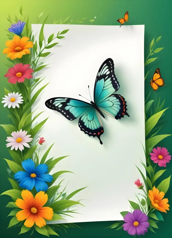 Digital Painting A Blank White Paper With A Curled Corner Surrounded By Green Leaves Grass And Colorful Flowers With A Butterfly At The Bottom Against A Bright Green Background Bold And Slim Lines Brush Stroke 48 4146