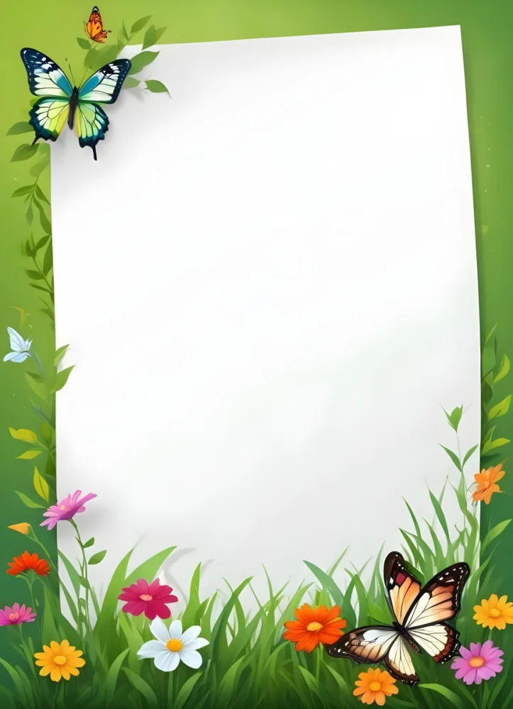 Digital Painting A Blank White Paper With A Curled Corner Surrounded By Green Leaves Grass And Colorful Flowers With A Butterfly At The Bottom Against A Bright Green Background Bold And Slim Lines Brush Stroke 49 2e96