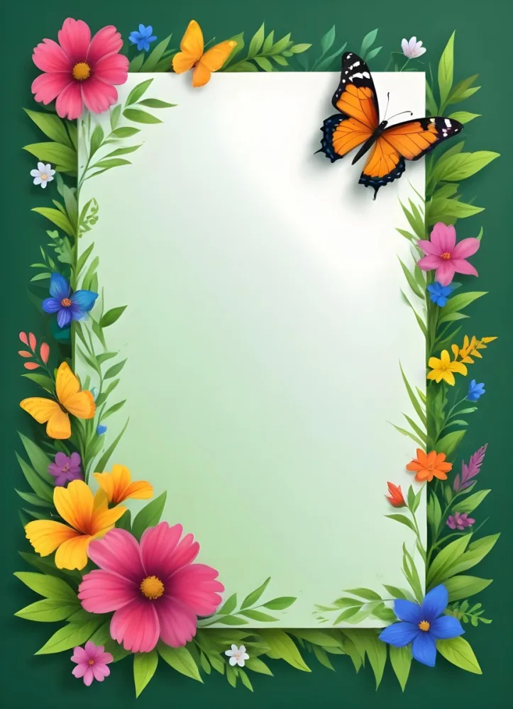 Digital Painting A Blank White Paper With A Curled Corner Surrounded By Green Leaves Grass And Colorful Flowers With A Butterfly At The Bottom Against A Bright Green Background Bold And Slim Lines Brush Stroke 5 F4c8