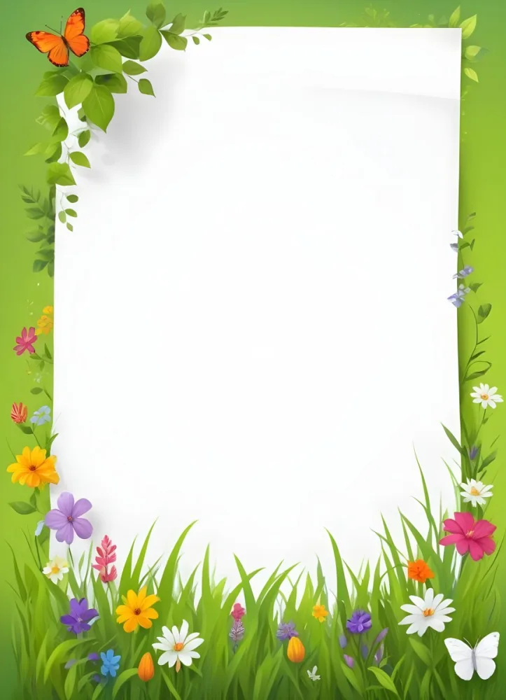 Digital Painting A Blank White Paper With A Curled Corner Surrounded By Green Leaves Grass And Colorful Flowers With A Butterfly At The Bottom Against A Bright Green Background Bold And Slim Lines Brush Stroke 6 6750