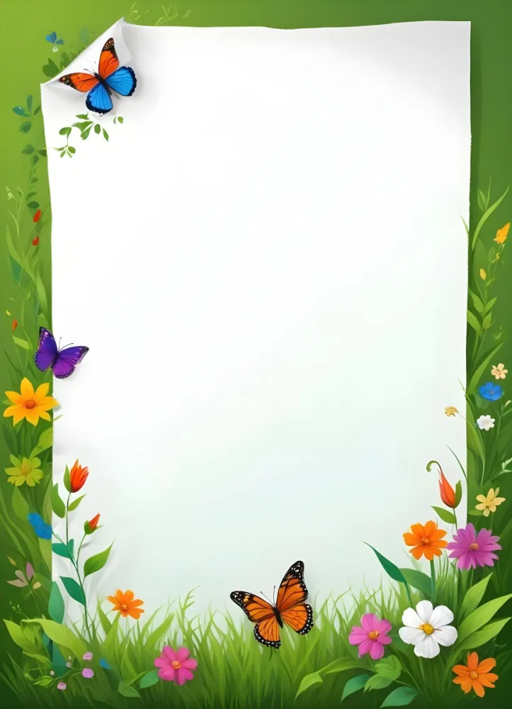 Digital Painting A Blank White Paper With A Curled Corner Surrounded By Green Leaves Grass And Colorful Flowers With A Butterfly At The Bottom Against A Bright Green Background Bold And Slim Lines Brush Stroke 7 06ab