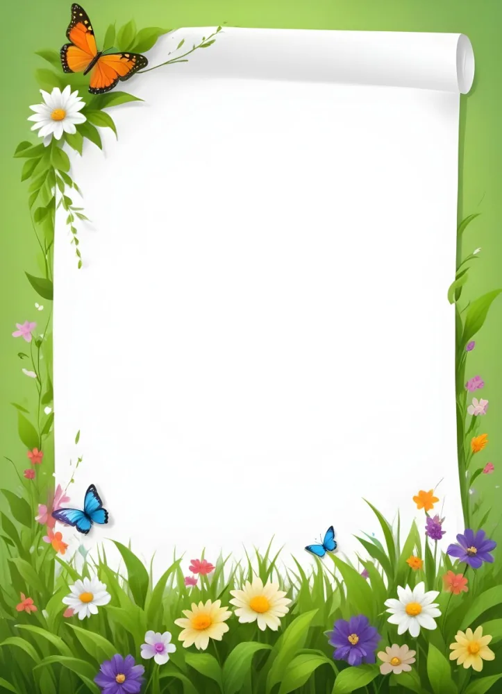 Digital Painting A Blank White Paper With A Curled Corner Surrounded By Green Leaves Grass And Colorful Flowers With A Butterfly At The Bottom Against A Bright Green Background Bold And Slim Lines Brush Stroke 8 1af6