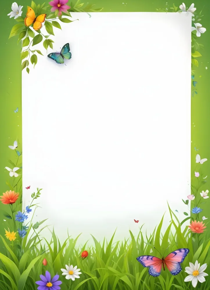 Digital Painting A Blank White Paper With A Curled Corner Surrounded By Green Leaves Grass And Colorful Flowers With A Butterfly At The Bottom Against A Bright Green Background Bold And Slim Lines Brush Stroke 9 Fba6