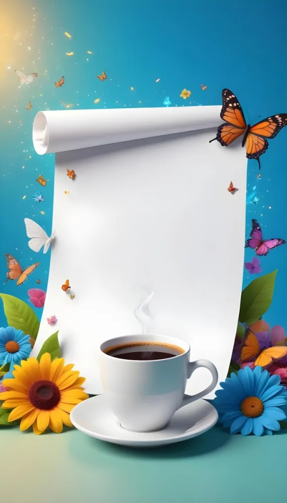 Digital Painting A Blank White Scroll With A Cup Of Coffee Surrounded By Colorful Flowers And Butterflies On A Bright Blue Background With Sparkling Lights Bold And Slim Lines Brush Strokes 14 1802