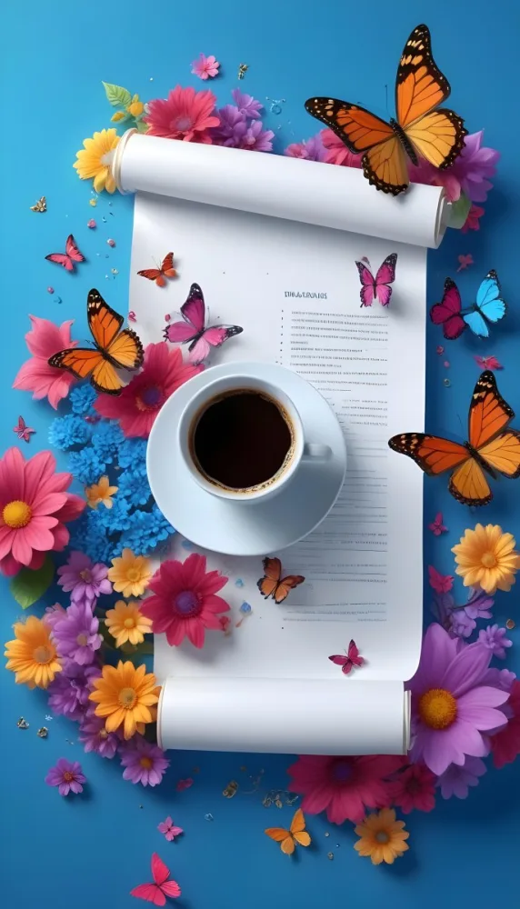 Digital Painting A Blank White Scroll With A Cup Of Coffee Surrounded By Colorful Flowers And Butterflies On A Bright Blue Background With Sparkling Lights Bold And Slim Lines Brush Strokes 2 Fb67