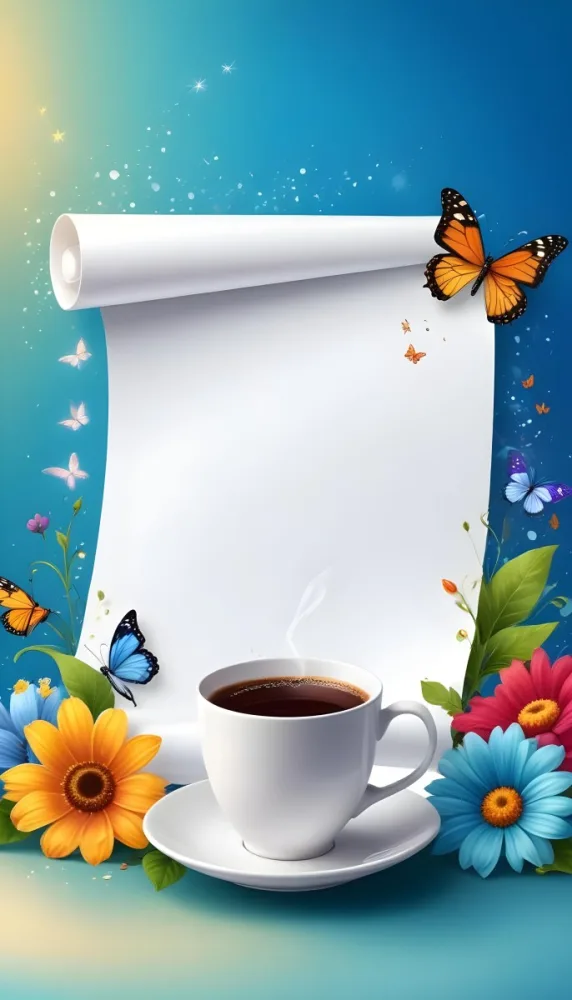 Digital Painting A Blank White Scroll With A Cup Of Coffee Surrounded By Colorful Flowers And Butterflies On A Bright Blue Background With Sparkling Lights Bold And Slim Lines Brush Strokes 27 41fa