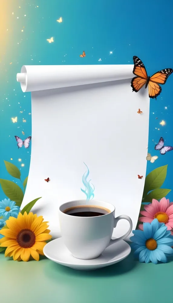 Digital Painting A Blank White Scroll With A Cup Of Coffee Surrounded By Colorful Flowers And Butterflies On A Bright Blue Background With Sparkling Lights Bold And Slim Lines Brush Strokes 36 2a23