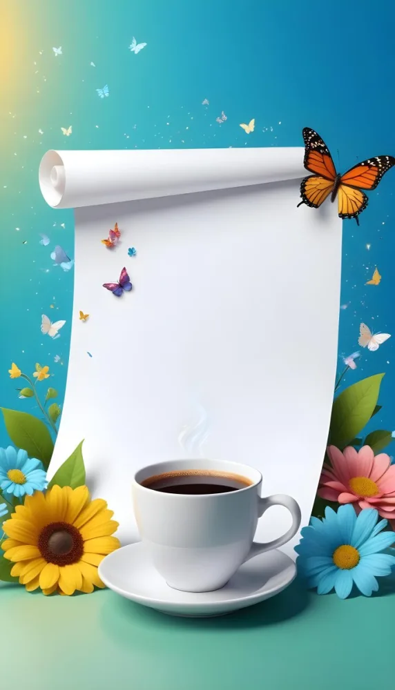 Digital Painting A Blank White Scroll With A Cup Of Coffee Surrounded By Colorful Flowers And Butterflies On A Bright Blue Background With Sparkling Lights Bold And Slim Lines Brush Strokes 39 9018