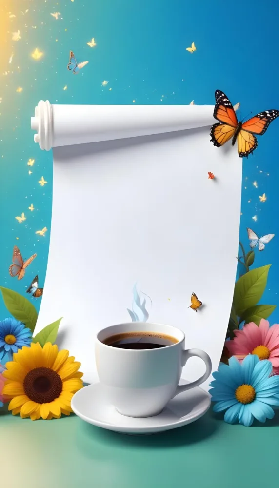 Digital Painting A Blank White Scroll With A Cup Of Coffee Surrounded By Colorful Flowers And Butterflies On A Bright Blue Background With Sparkling Lights Bold And Slim Lines Brush Strokes 42 2f68