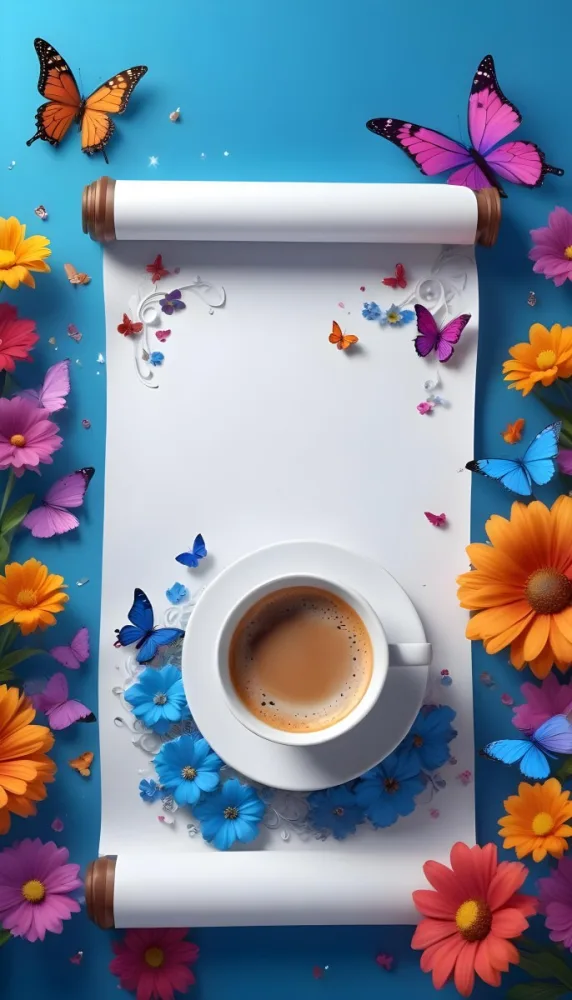 Digital Painting A Blank White Scroll With A Cup Of Coffee Surrounded By Colorful Flowers And Butterflies On A Bright Blue Background With Sparkling Lights Bold And Slim Lines Brush Strokes 44 4252
