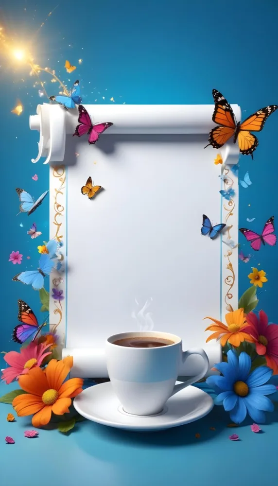 Digital Painting A Blank White Scroll With A Cup Of Coffee Surrounded By Colorful Flowers And Butterflies On A Bright Blue Background With Sparkling Lights Bold And Slim Lines Brush Strokes 47 2cb9
