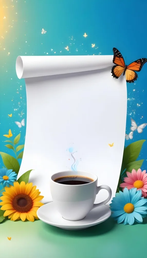Digital Painting A Blank White Scroll With A Cup Of Coffee Surrounded By Colorful Flowers And Butterflies On A Bright Blue Background With Sparkling Lights Bold And Slim Lines Brush Strokes 48 251e