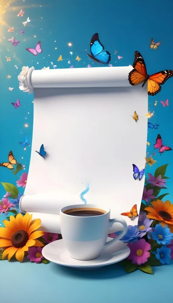 Digital Painting A Blank White Scroll With A Cup Of Coffee Surrounded By Colorful Flowers And Butterflies On A Bright Blue Background With Sparkling Lights Bold And Slim Lines Brush Strokes 49 C259