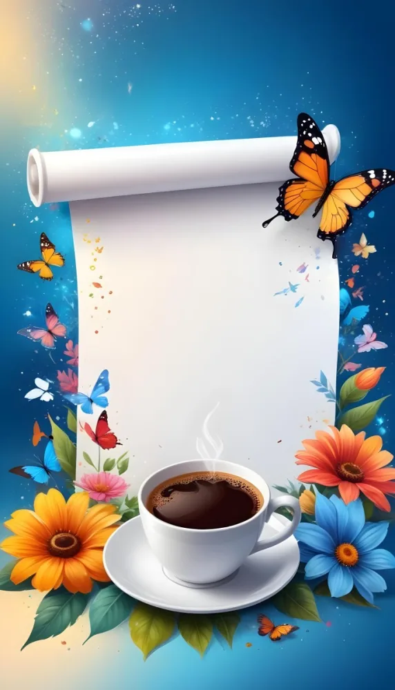 Digital Painting A Blank White Scroll With A Cup Of Coffee Surrounded By Colorful Flowers And Butterflies On A Bright Blue Background With Sparkling Lights Bold And Slim Lines Brush Strokes 5 09b7