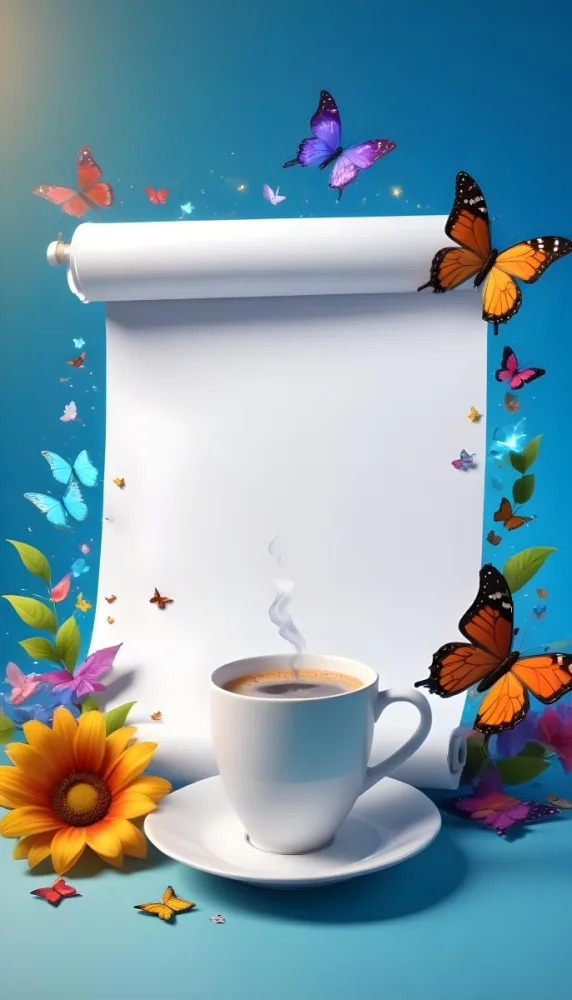 Digital Painting A Blank White Scroll With A Cup Of Coffee Surrounded By Colorful Flowers And Butterflies On A Bright Blue Background With Sparkling Lights Bold And Slim Lines Brush Strokes 51 4229
