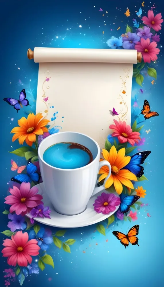 Digital Painting A Blank White Scroll With A Cup Of Coffee Surrounded By Colorful Flowers And Butterflies On A Bright Blue Background With Sparkling Lights Bold And Slim Lines Brush Strokes 7 Caf7