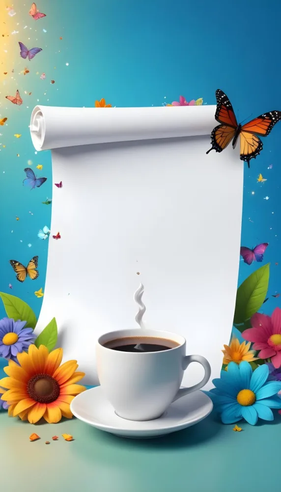 Digital Painting A Blank White Scroll With A Cup Of Coffee Surrounded By Colorful Flowers And Butterflies On A Bright Blue Background With Sparkling Lights Bold And Slim Lines Brush Strokes 8 F404