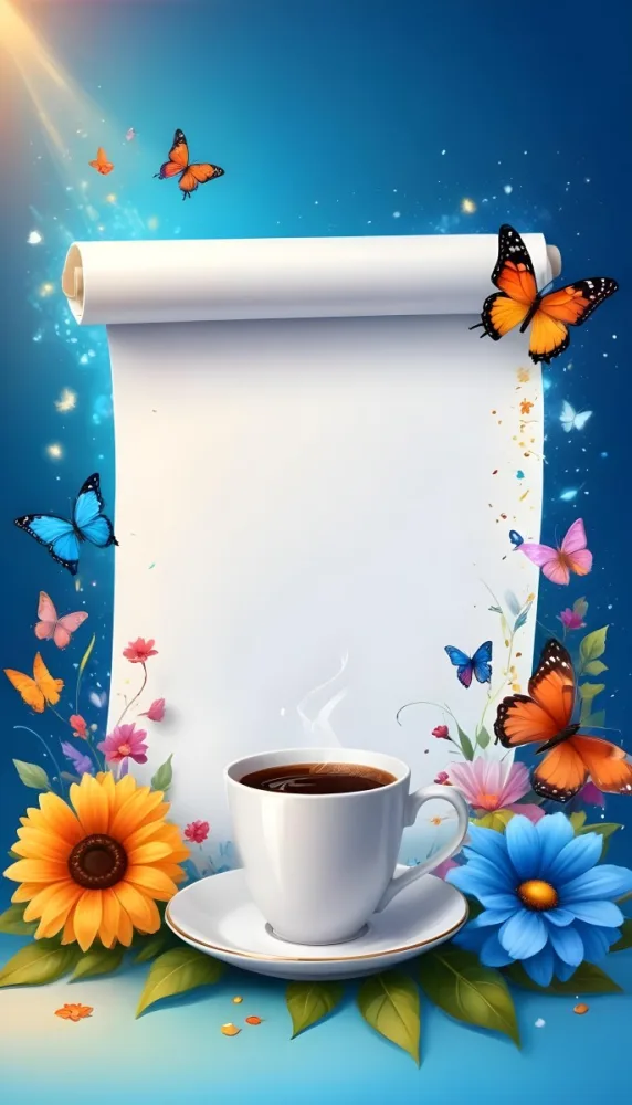 Digital Painting A Blank White Scroll With A Cup Of Coffee Surrounded By Colorful Flowers And Butterflies On A Bright Blue Background With Sparkling Lights Bold And Slim Lines Brush Strokes 9 025a
