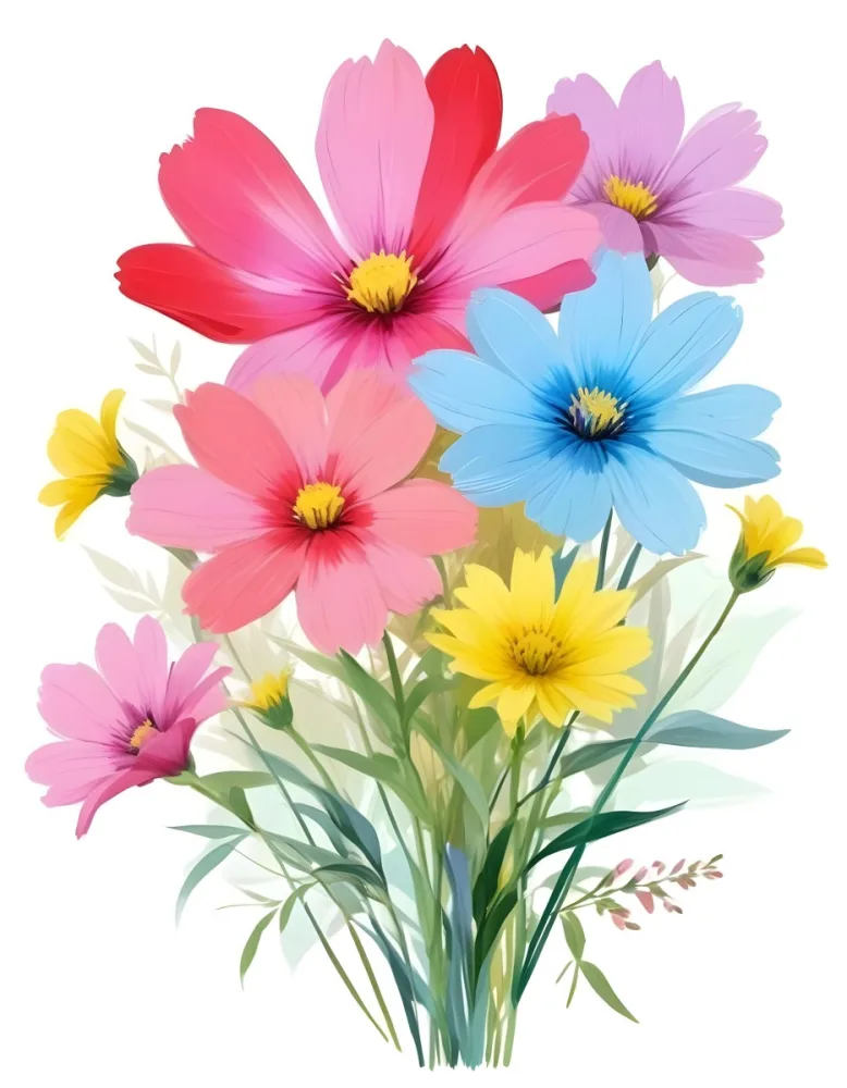 Digital Painting A Bouquet Of Vibrant Flowers Featuring Pink Red Blue And Yellow Blooms With Green Foliage The Flowers Have Large Petals And A Soft Appearance Arranged In A Lush Display Bold And Slim Lines Bru 18 3e5b