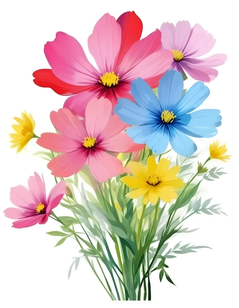 Digital Painting A Bouquet Of Vibrant Flowers Featuring Pink Red Blue And Yellow Blooms With Green Foliage The Flowers Have Large Petals And A Soft Appearance Arranged In A Lush Display Bold And Slim Lines Bru 34 D0c2