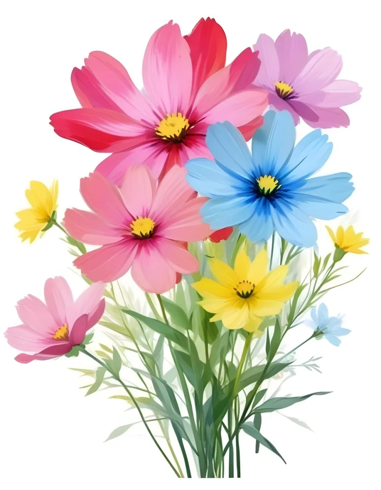 Digital Painting A Bouquet Of Vibrant Flowers Featuring Pink Red Blue And Yellow Blooms With Green Foliage The Flowers Have Large Petals And A Soft Appearance Arranged In A Lush Display Bold And Slim Lines Bru 6 4689