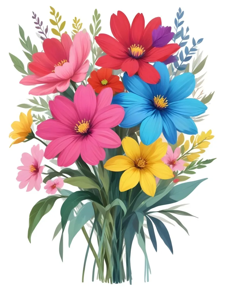 Digital Painting A Bouquet Of Vibrant Flowers Featuring Pink Red Blue And Yellow Blooms With Green Foliage The Flowers Have Large Petals And A Soft Appearance Arranged In A Lush Display Bold And Slim Lines Bru 60 C87f
