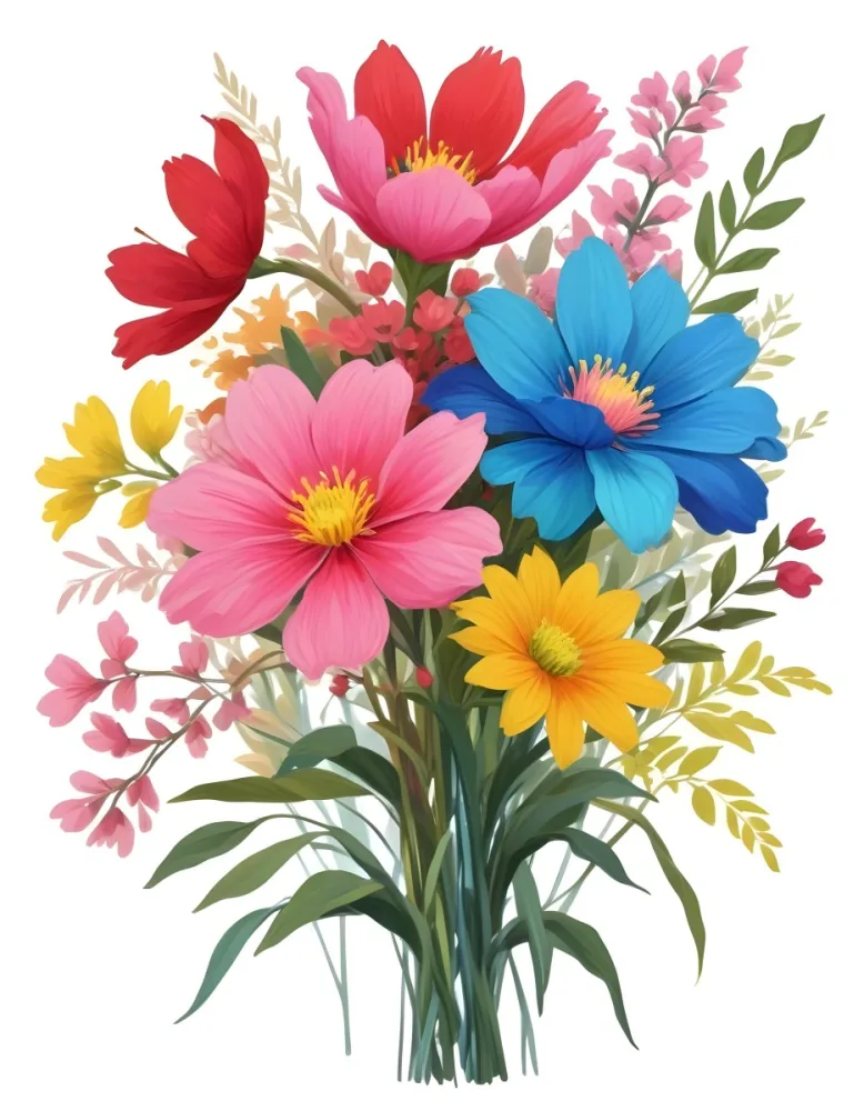 Digital Painting A Bouquet Of Vibrant Flowers Featuring Pink Red Blue And Yellow Blooms With Green Foliage The Flowers Have Large Petals And A Soft Appearance Arranged In A Lush Display Bold And Slim Lines Bru 61 B3f1
