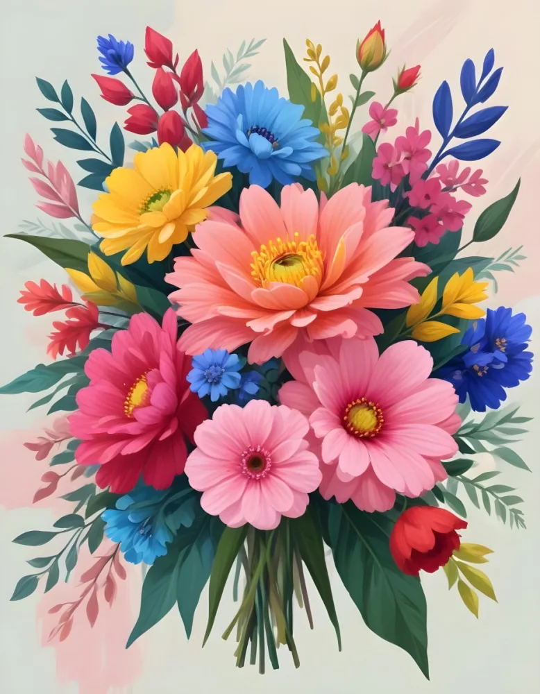 Digital Painting A Bouquet Of Vibrant Flowers Featuring Pink Red Blue And Yellow Blooms With Green Foliage The Flowers Have Large Petals And A Soft Appearance Arranged In A Lush Display Bold And Slim Lines Bru 63 B53c