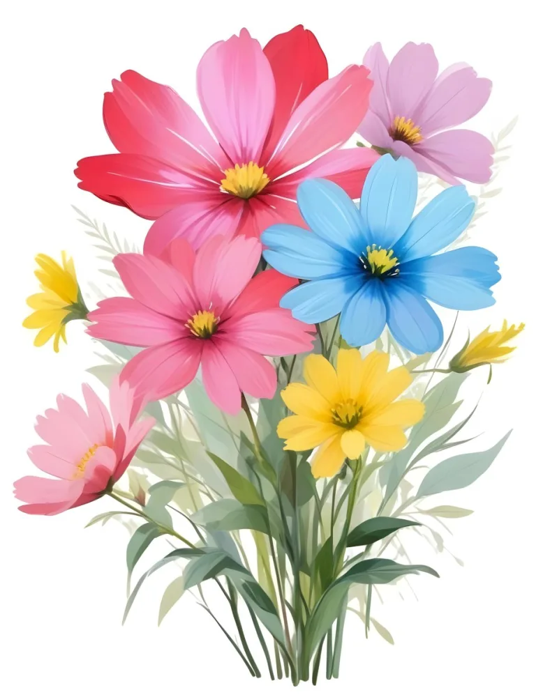 Digital Painting A Bouquet Of Vibrant Flowers Featuring Pink Red Blue And Yellow Blooms With Green Foliage The Flowers Have Large Petals And A Soft Appearance Arranged In A Lush Display Bold And Slim Lines Bru 7 6d74