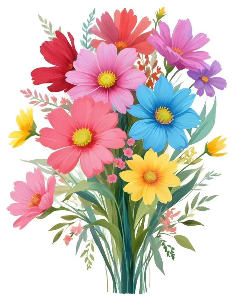 Digital Painting A Bouquet Of Vibrant Flowers Featuring Pink Red Blue And Yellow Blooms With Green Foliage The Flowers Have Large Petals And A Soft Appearance Arranged In A Lush Display Bold And Slim Lines Bru 8 A3a7