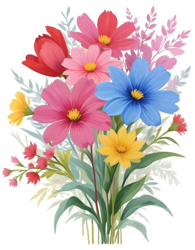 Digital Painting A Bouquet Of Vibrant Flowers Featuring Pink Red Blue And Yellow Blooms With Green Foliage The Flowers Have Large Petals And A Soft Appearance Arranged In A Lush Display Bold And Slim Lines Bru 9 8011