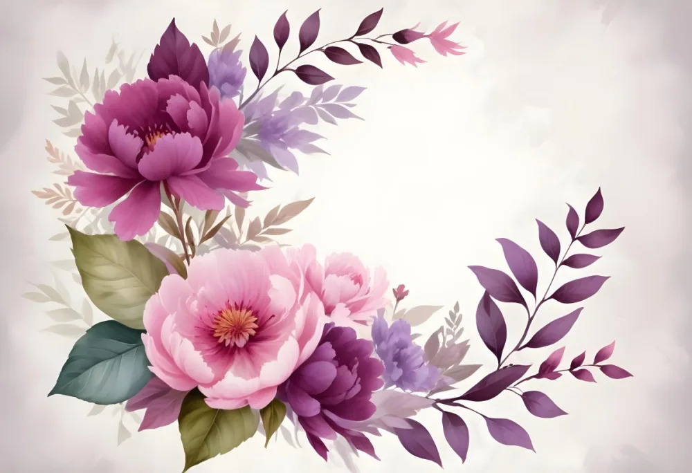 Digital Painting A Bouquet Of Vibrant Pink And Purple Flowers Including Large Peonies Surrounded By Lush Green Leaves And Delicate Floral Accents The Background Is A Soft Neutral Tone Allowing The Colorful Fl 77 C107