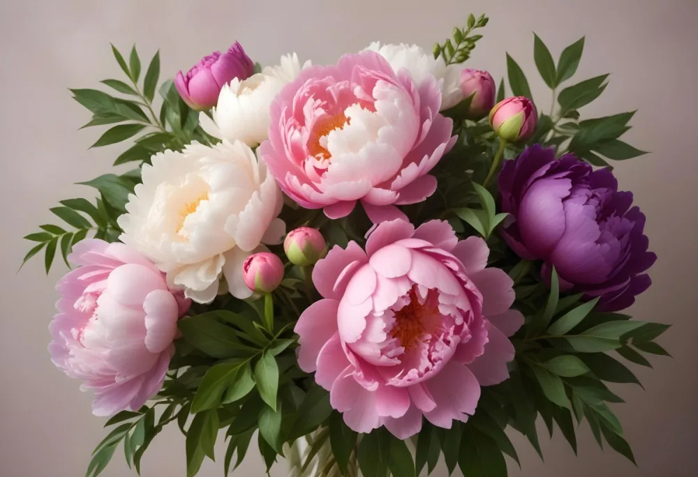 Digital Painting A Bouquet Of Vibrant Pink And Purple Flowers Including Large Peonies Surrounded By Lush Green Leaves And Delicate Floral Accents The Background Is A Soft Neutral Tone Allowing The Colorful Fl 9 63e0
