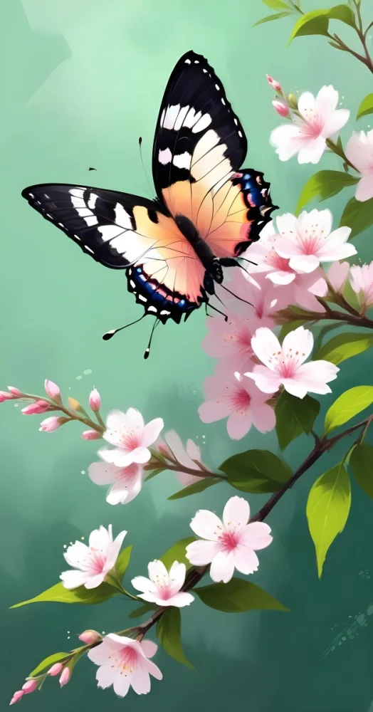 Digital Painting A Butterfly On A Branch With White Flowers With Pink Pistils Green Leaves And A Few Pink Buds In A Bright Environment Bold And Slim Lines Brush Strokes 16 Cef5