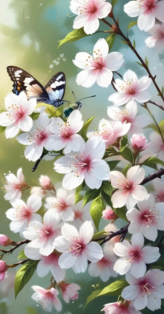 Digital Painting A Butterfly On A Branch With White Flowers With Pink Pistils Green Leaves And A Few Pink Buds In A Bright Environment Bold And Slim Lines Brush Strokes 21 2887