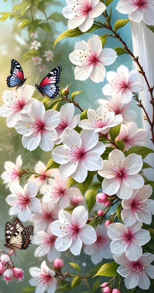 Digital Painting A Butterfly On A Branch With White Flowers With Pink Pistils Green Leaves And A Few Pink Buds In A Bright Environment Bold And Slim Lines Brush Strokes 27 36d5
