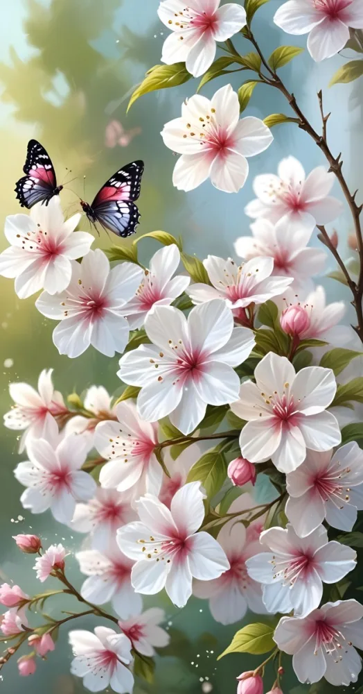 Digital Painting A Butterfly On A Branch With White Flowers With Pink Pistils Green Leaves And A Few Pink Buds In A Bright Environment Bold And Slim Lines Brush Strokes 3 A7da