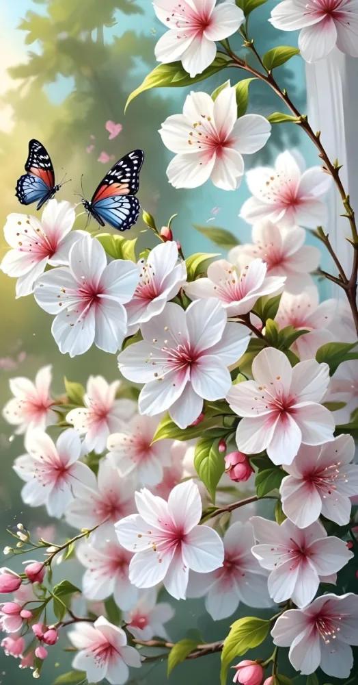 Digital Painting A Butterfly On A Branch With White Flowers With Pink Pistils Green Leaves And A Few Pink Buds In A Bright Environment Bold And Slim Lines Brush Strokes 31 Aded