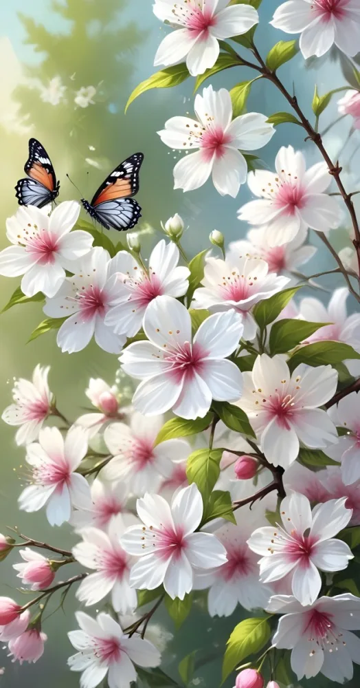 Digital Painting A Butterfly On A Branch With White Flowers With Pink Pistils Green Leaves And A Few Pink Buds In A Bright Environment Bold And Slim Lines Brush Strokes 34 7fc9