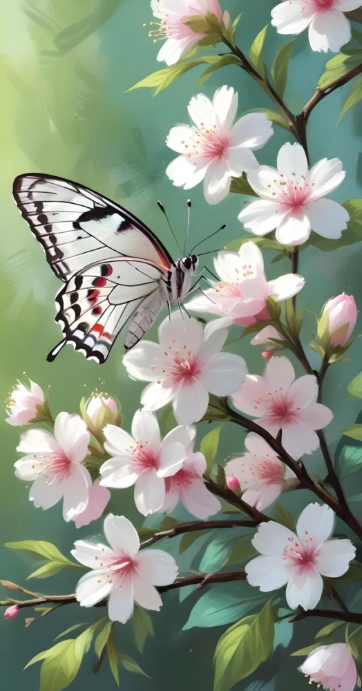 Digital Painting A Butterfly On A Branch With White Flowers With Pink Pistils Green Leaves And A Few Pink Buds In A Bright Environment Bold And Slim Lines Brush Strokes 35 E4f0