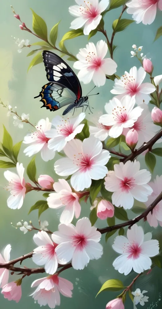 Digital Painting A Butterfly On A Branch With White Flowers With Pink Pistils Green Leaves And A Few Pink Buds In A Bright Environment Bold And Slim Lines Brush Strokes 36 Ab8a